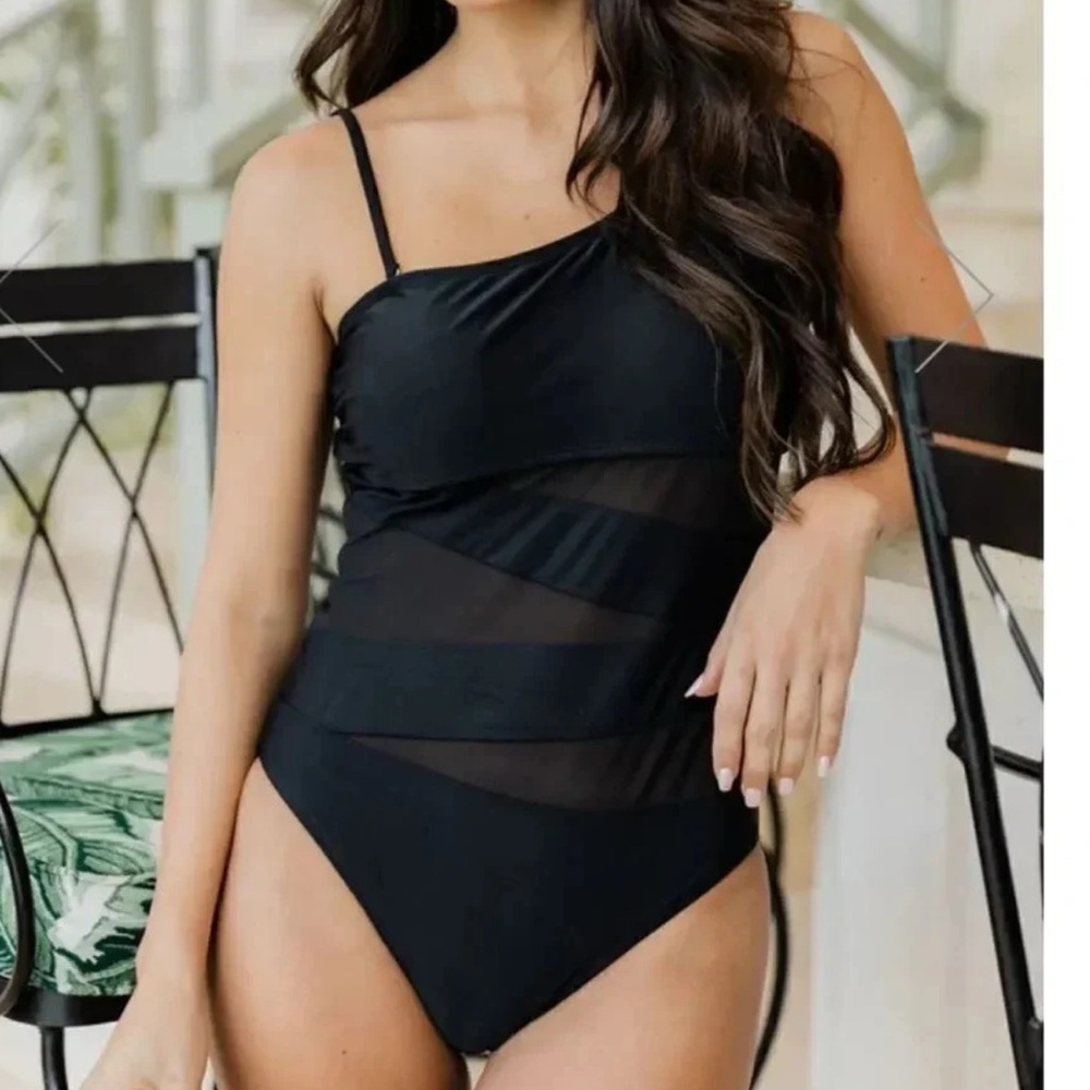 Black One-Shoulder Swimsuit NWOT pink lily meet me at Waikiki one piece.